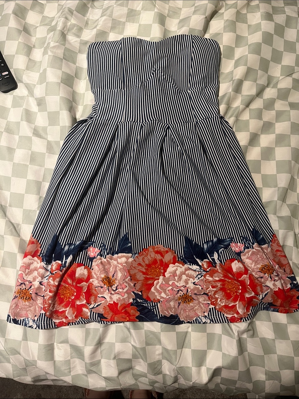 Striped Strapless Dress with Floral Hem